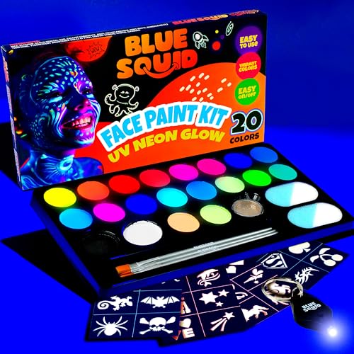 Blue Squid Face Kinderschminke Ser für Kinder - UV Neon Glow Farben Ultimate Face Paint Kit, Schablonen, Buch - sicher für empfindliche Haut, ungiftig Face Painting Kit Professional - Glow in the Dark von Blue Squid