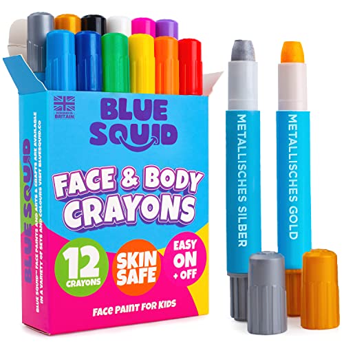 Kinderschminke Face Paint Kreiden Set | 12 Farben kein Durcheinander, drehbare Farbstifte | Beste Qualität Body Painting Set | Körperfarbe für Kinder von Blue Squid (12 Crayons) von Blue Squid