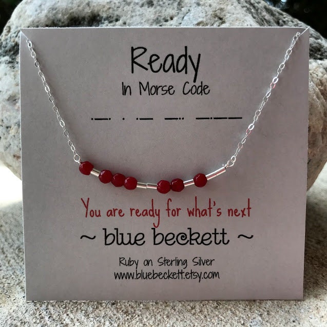Bereit in Morse Code Halskette/Facettierte Rubin Auf Sterling Silber Oder Gold Filled Bar Personalisierung Erhältlich Juli Birthstone von BlueBeckett