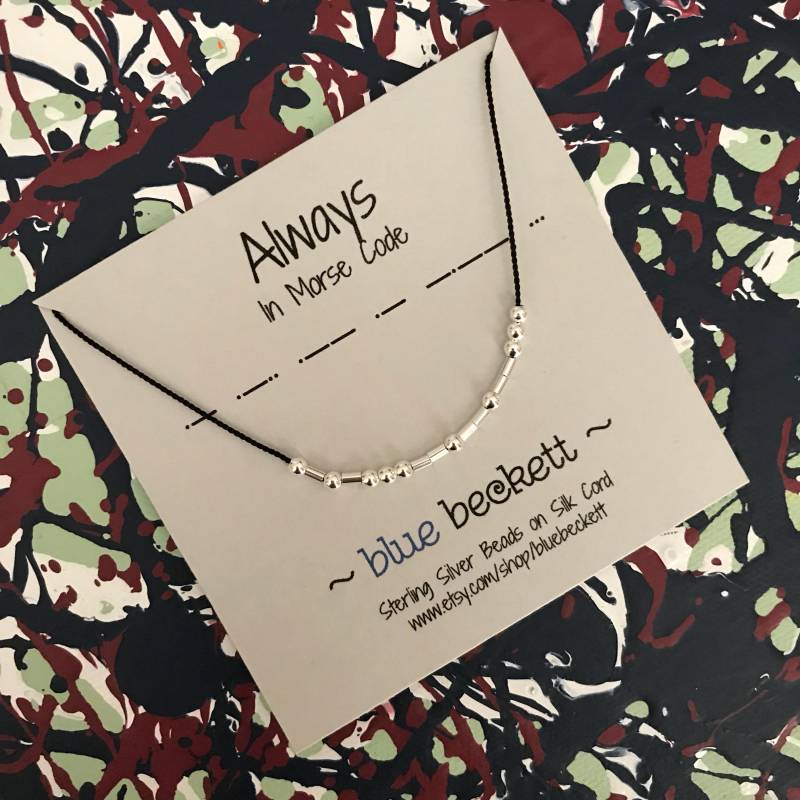 Morse-Code "Always' - Sterling Silber Oder 14K Gold Filled Auf Seidenkordel Personalisieren Sie Mit Unterschiedlichen Wort/Namen & Kordelfarbe von BlueBeckett