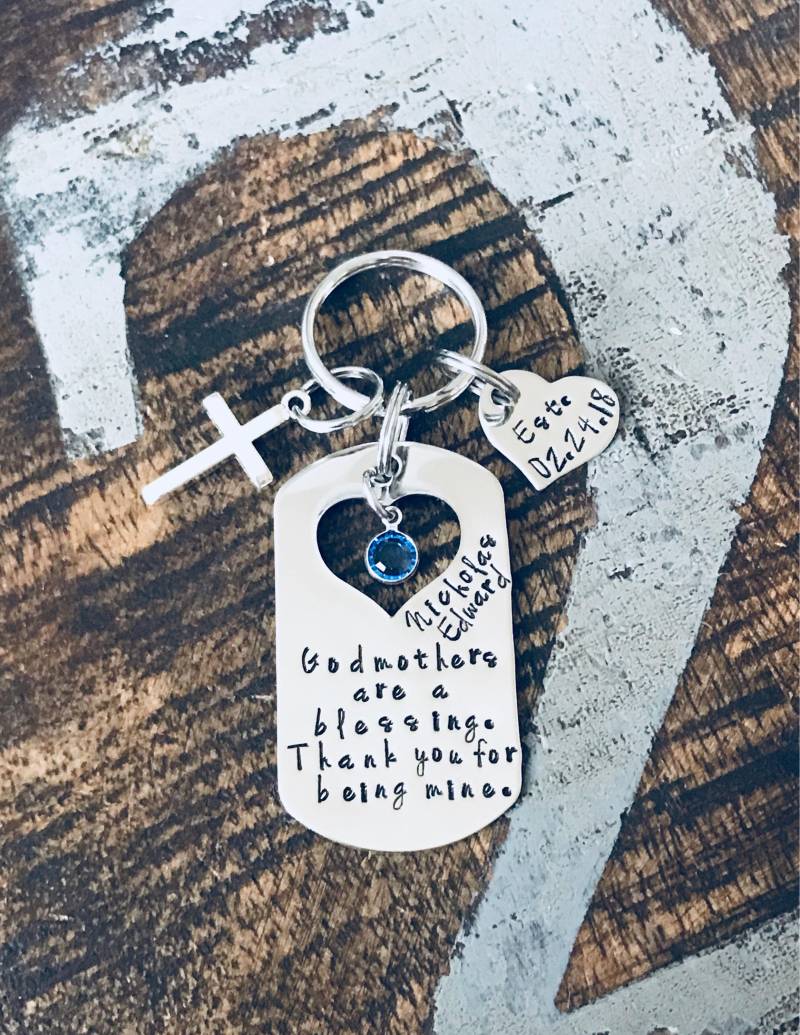 Godmother Schlüsselanhänger Taufe Geschenk Handgestempelt Custom Paten Sind Ein Segen Für Patin von BlueEyedJewelsTX