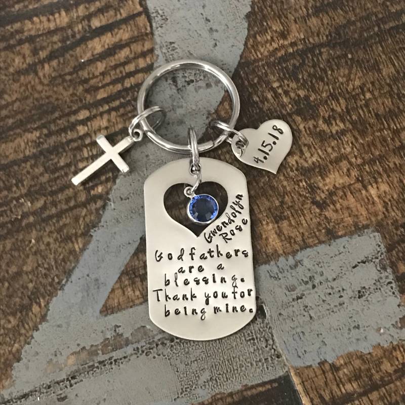 Pate Keychain Taufe Geschenk-Schlüsselanhängeschleß Handstempel Schlüsselkette Custom Paten Sind Ein Segen Geschenk Für von BlueEyedJewelsTX