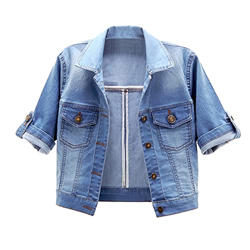 BlueFire2015 Damen Jeansjacke mit kurzen Ärmeln, Knopfleiste, Stretch, Denim - Blau - X-Small von BlueFire2015