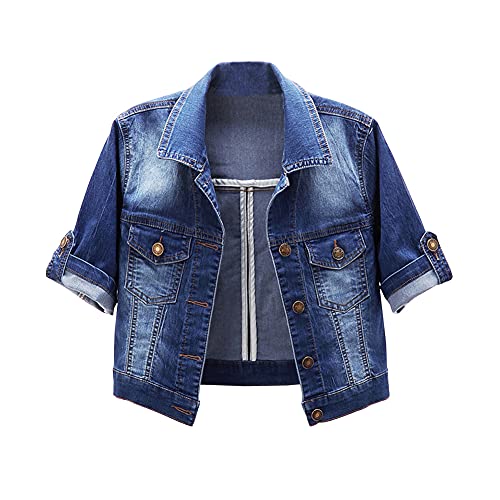 BlueFire2015 Frauen Kurzarm Denim Jacke Button Down Schal Stretch Denim Jean Jacke, F-blau, Large von BlueFire2015