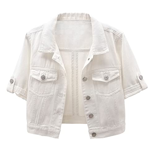 BlueFire2015 Frauen Kurzarm Denim Jacke Button Down Schal Stretch Denim Jean Jacke, Weiss/opulenter Garten, M von BlueFire2015