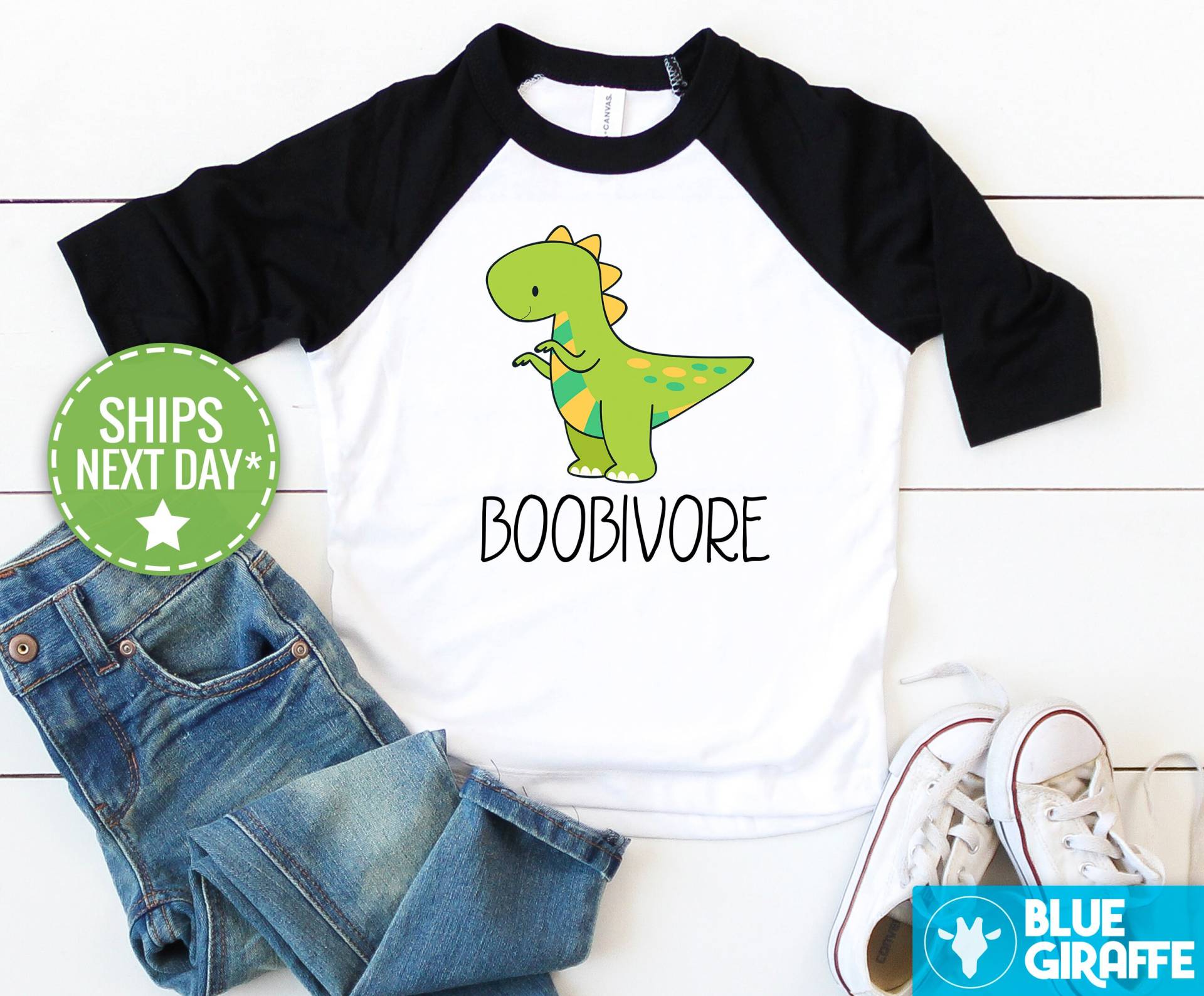 Boobivore Kleinkind Shirt, Lustiges Kinder T-Rex Raglan, Dinosaurier Baseball Shirt von BlueGiraffeApparel