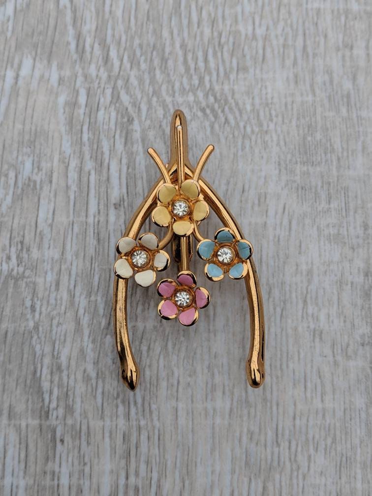 Gold-Ton-Querlenker Mit Pastell Emaille Und Strass-Blumen-Brosche von BlueHillsBrooches