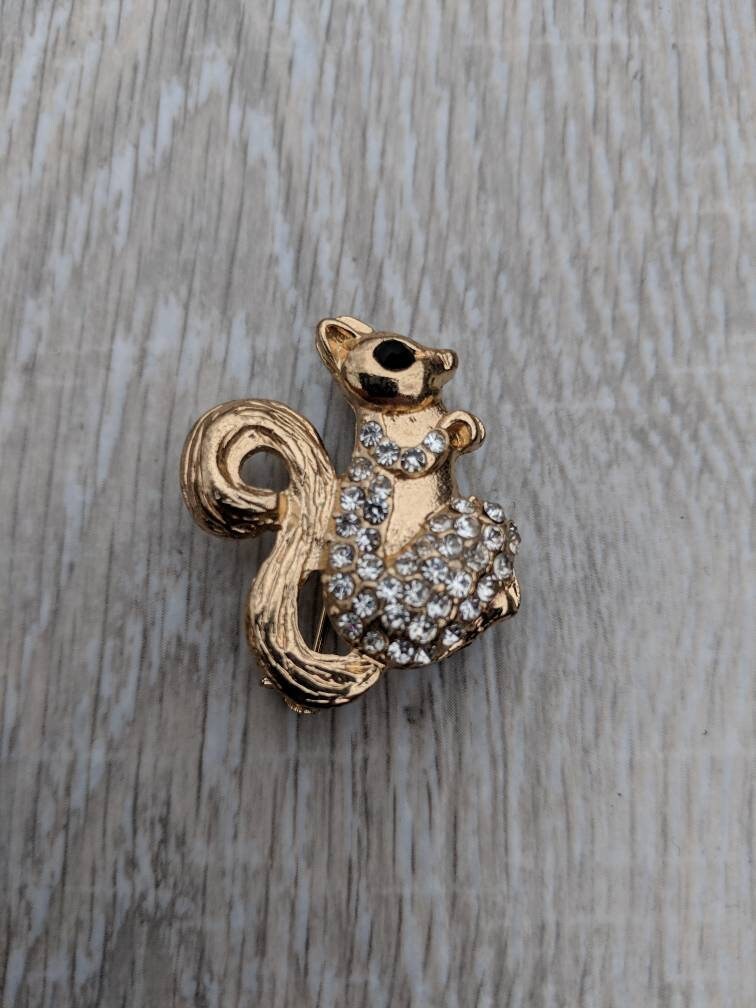 Gold-Tone Und Rhinestone Eichhörnchen Woodland Creature Brooch Gold-Tone Und Rhinestone Eichhörnchen Woodland Creature Brooch von BlueHillsBrooches