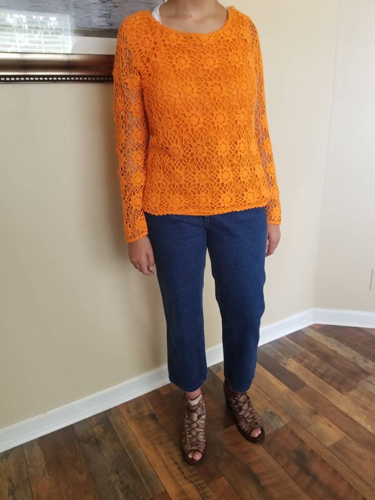 Frauen Orange Häkelshirt. Vintage Lange Ärmel von BlueKoiVintage