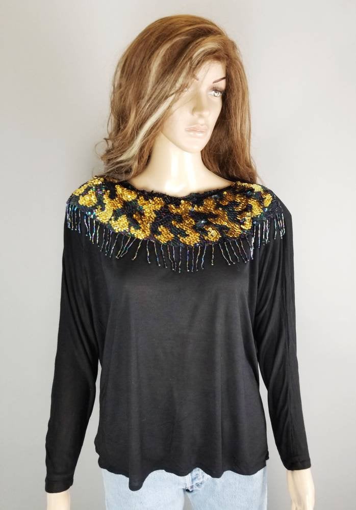 Vintage Shirt Schwarzes Top Verschönern Pailletten Frauen Gr. L von BlueKoiVintage