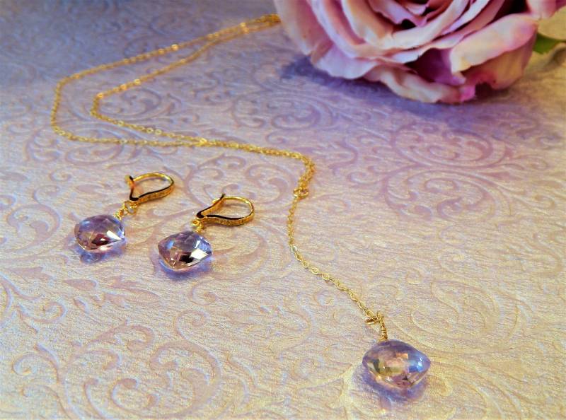 Elegante Lila Amethyst Edelstein Gold Gefüllt Ohrringe Und Halskette Set von BlueLagoonTreasures