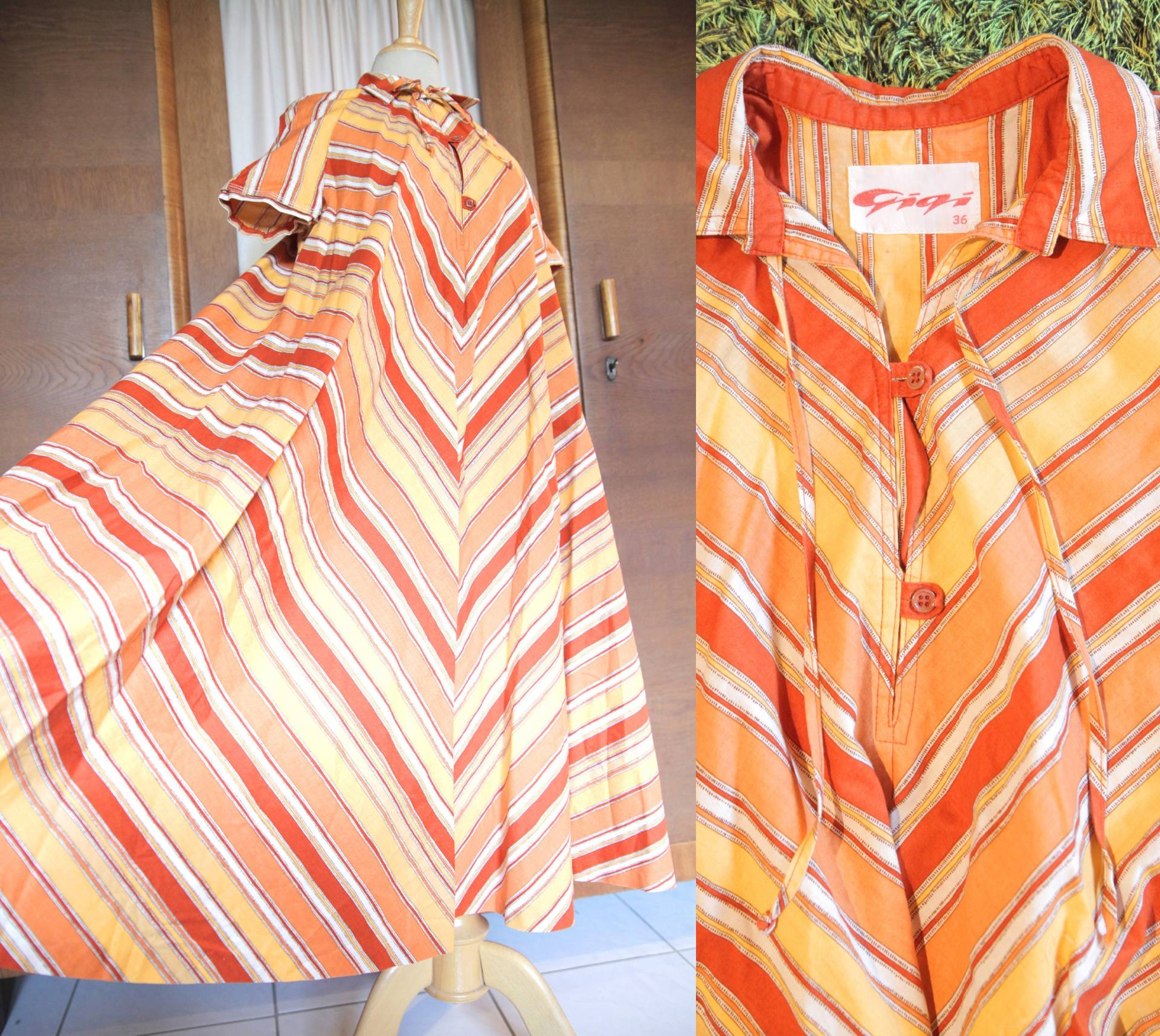 Orange Und Gelb Gestreiftes 1970Er Jahre Gigi Baumwoll Kurzarm Midi Hängerchen Kleid Mit Taschen von BlueMoonShopVintage