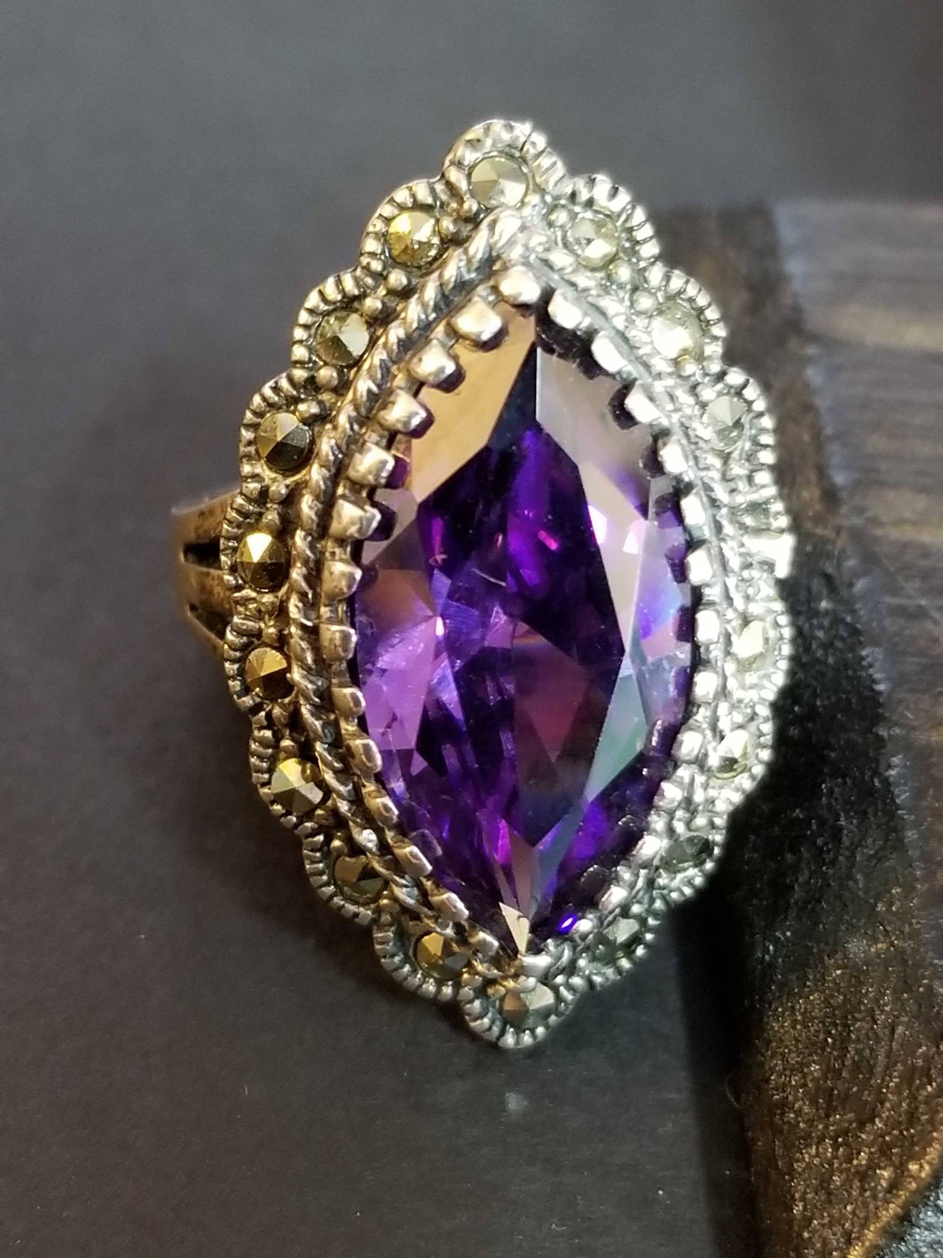 Größe 6 Amethyst Sterlingsilber Ring Groß Markasit, Vintage Statement Ring, Damen Silberring, 925 Silber, Februar Geburtsstein von BlueMoonTrader