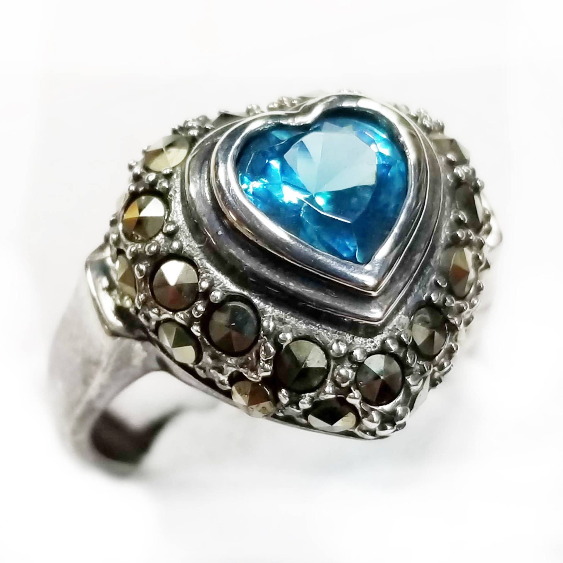 Größe 8 Echter Blautopas Herz Ring, Vintage 925 Sterling Silber Markasit Frauen Geburtstag Geschenk Valentinstag, Liebe, Freundschaft von BlueMoonTrader