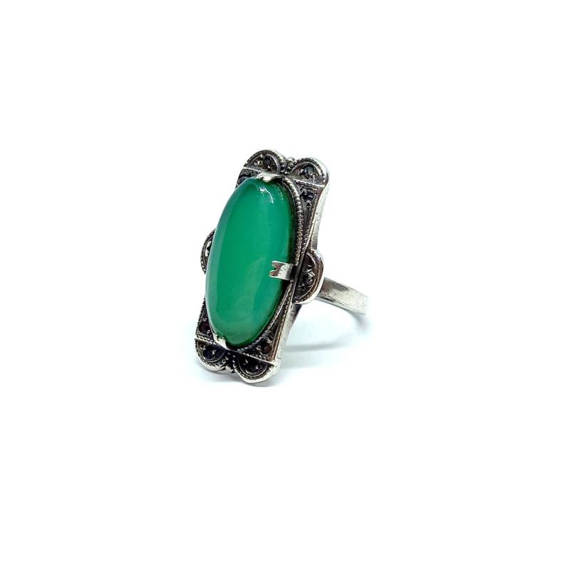 Art Deco Ring Sterling Silber Chrysopras Markasit Antik Vintage Grüner Stein 1920Er 30Er Jahre Größe H 4 von BlueMoonTrinketShop