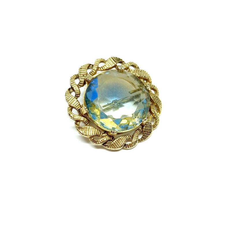 Kristall Brosche Vintage Schmuck Klar Grün Glas Gold Seil Rahmen Rund Kreisförmig 1960Er Jahre von BlueMoonTrinketShop