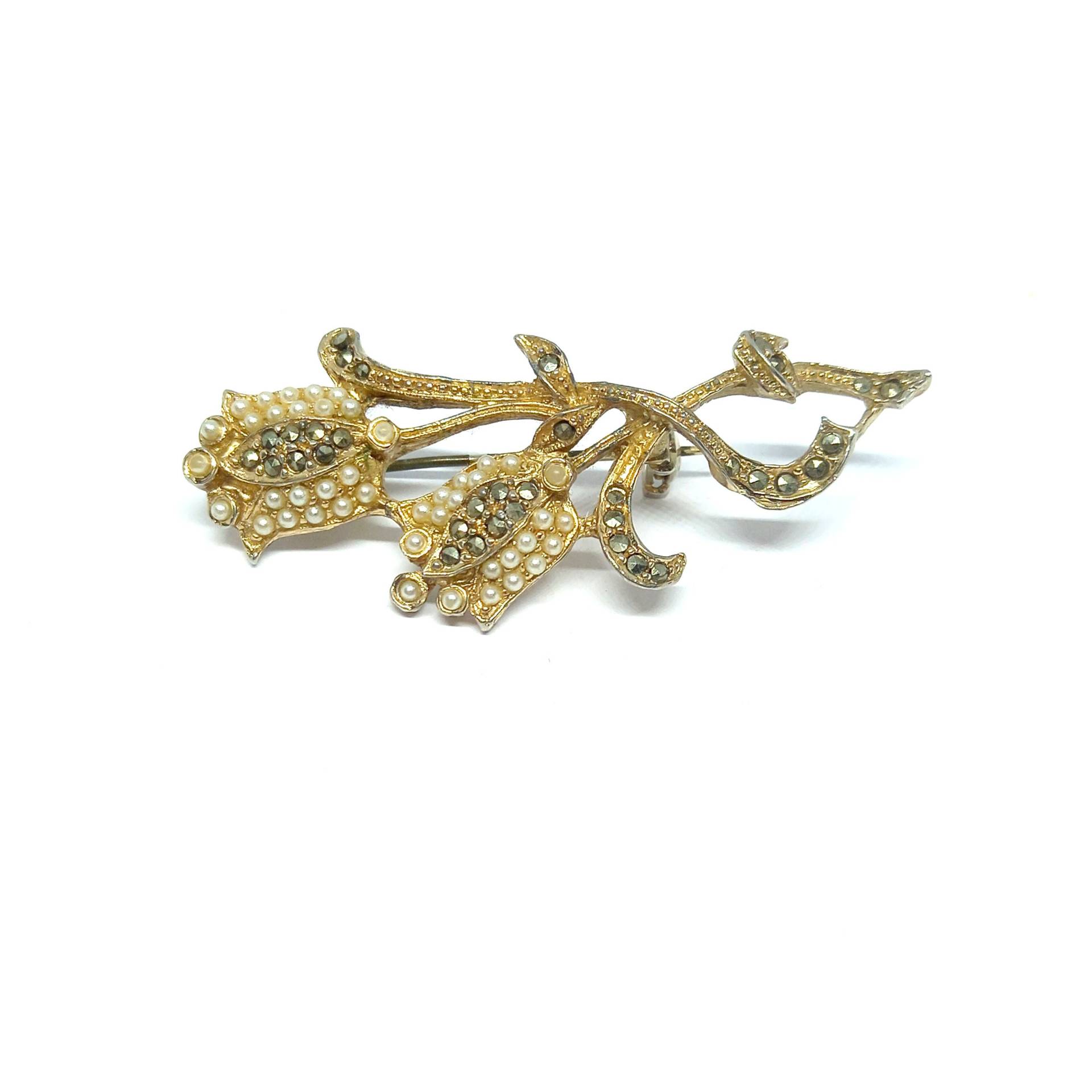 Rose Brosche Markasit Blume Perlenschmuck 1970Er Jahre Vintage Gold Doppelstiel Romantisch Floral Rose Brosche Markasit Blume Perlenschmuck 1970Er Jahre Vintage Gold Doppelstiel Romantisch Floral von BlueMoonTrinketShop