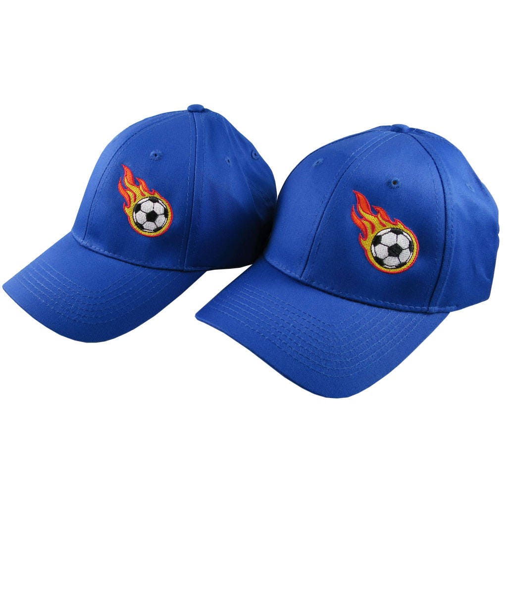 Paar Sportliche Fußball Kugel Stickdateien Designs Auf 2 Königsblauen Verstellbaren Strukturierten Baseballkappen Für Erwachsenen + Kinder Im von BlueShoppeStudio