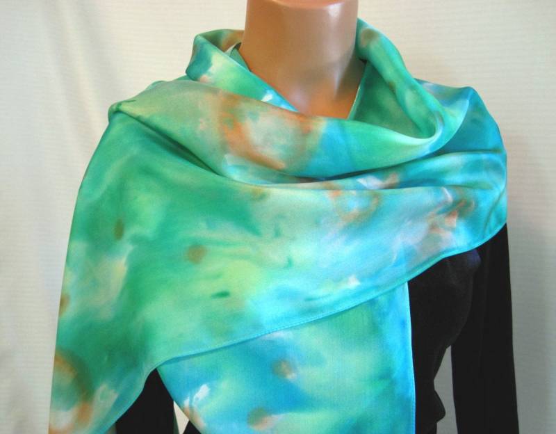 Weiche Grüne Seide Schal. 14 X 72 Zoll Hellgrün, Bernstein & Weiß Abstrakte Kunst 100 % Von Hand Gefärbt Habotai Seide. Einzigartiges Geschenk von BlueSkySilks