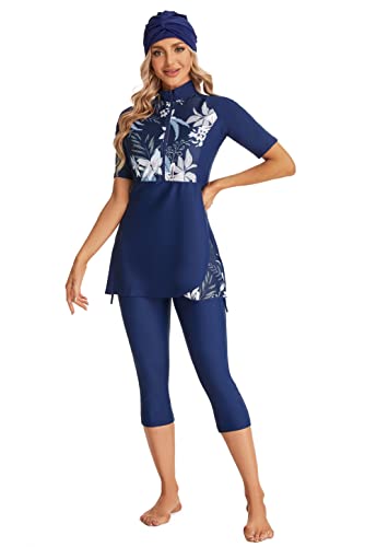 Modest Short Sleeve Swimsuits for Women 3-Piece Bathing Suits Floral Print Swimming Suits Plus Size Rash Guard(XL, Y3) von BlueSnow