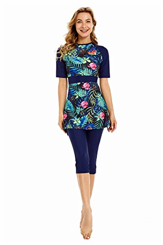 Modest Short Sleeve Swimsuits for Women 3-Piece Bathing Suits Floral Print Swimming Suits Plus Size Rash Guard(5XL, Y8) von BlueSnow