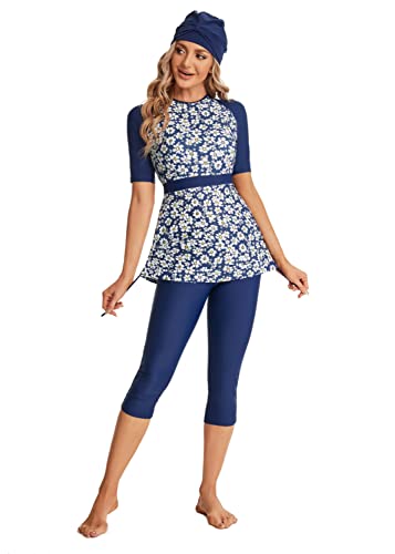 Modest Short Sleeve Swimsuits for Women 3-Piece Bathing Suits Floral Print Swimming Suits Plus Size Rash Guard(M, Y5) von BlueSnow