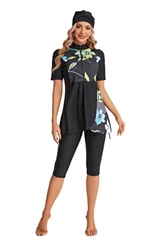 Modest Short Sleeve Swimsuits for Women 3-Piece Bathing Suits Floral Print Swimming Suits Plus Size Rash Guard(S, Y1) von BlueSnow