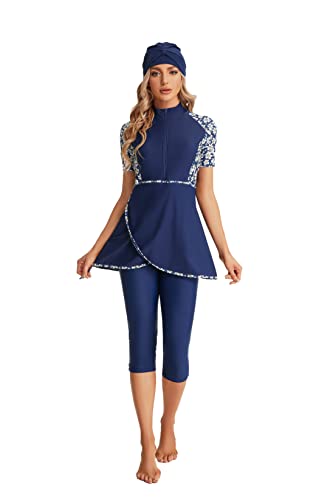 Modest Short Sleeve Swimsuits for Women 3-Piece Bathing Suits Floral Print Swimming Suits Plus Size Rash Guard(XL, Y4) von BlueSnow