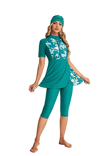 Modest Short Sleeve Swimsuits for Womens Bathing Suit Floral Print Swimming Suit Rash Guard Plus Size(S, Y2) von BlueSnow
