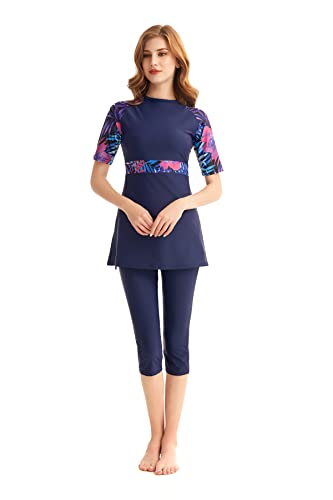 Rash Guard Beachwear Bescheidene Bademode für Damen Kurzarm-Badeanzug Burkini-Modest-Kostüm Übergröße (L, Y11) von BlueSnow