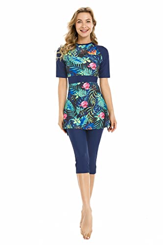 Rash Guard Beachwear Bescheidene Bademode für Damen Kurzarm-Badeanzug Burkini-Modest-Kostüm Übergröße (M, Y7) von BlueSnow