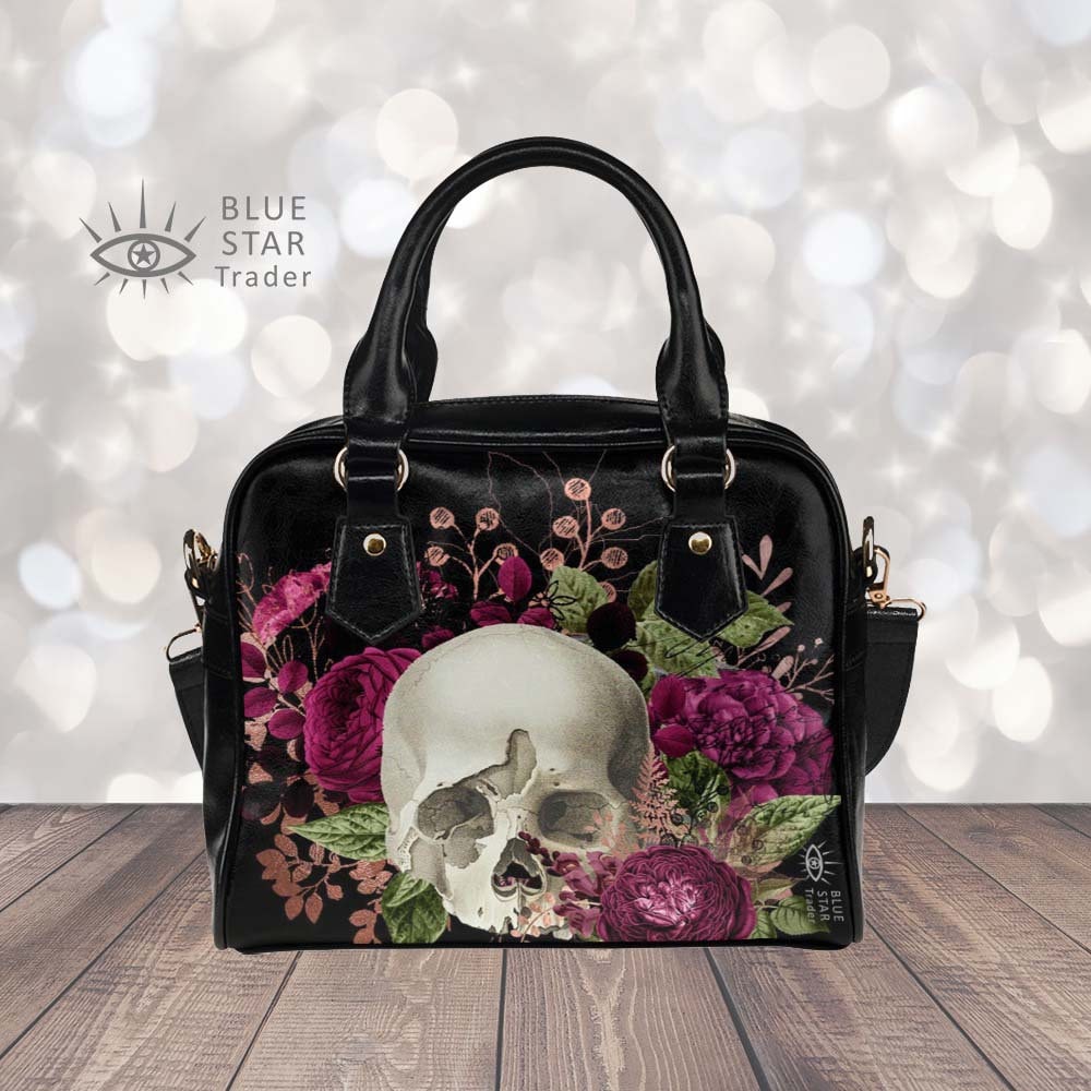 Goth Rot Violette Totenkopf Handtasche, Floral Damen Accessoires, Gothic Schultertasche, Womens Bowler Bag, Geldbörse, Geschenk Für Sie von BlueStarTrader