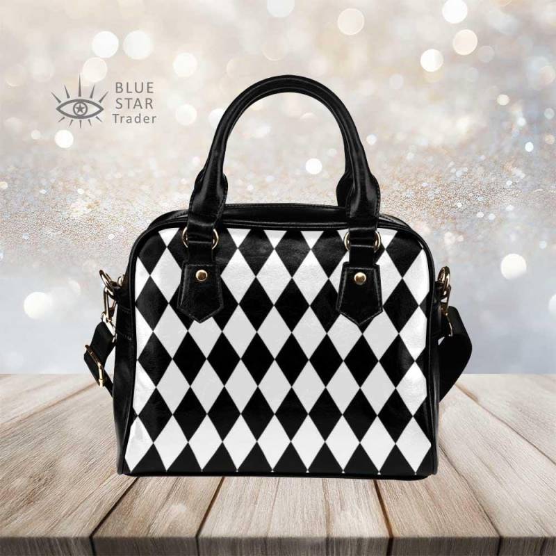 Weiß Schwarz Harlekin Rauten Muster Kleine Vegan Handtasche Satchel Geldbörse Zirkus Umhängetasche Cosplay von BlueStarTrader