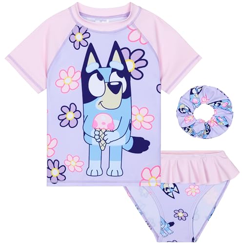 BlueY Badeanzug Mädchen Schwimmanzug Kinder und Kleinkind Einteiliger oder Zweiteiliger Bequemer Swimsuit für Sport Schwimmen Strand (3-4 Jahre, Lila with Scrunchie) von BlueY