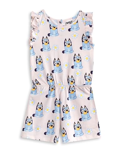 BlueY Hellrosa ärmelloser Spielanzug für Mädchen | Geblümtes Rundhals-Outfit mit Rüschendetails und Taschen | Lässige Sommerkleidung Bingo Charakterdesign | Bequeme Kinderkleidung von BlueY