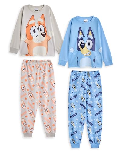 BlueY Kinder Pyjama Set im 2er-Pack | Langärmliges Oberteil Bingo-Charaktergrafik und langbeinige Pyjamahose für Kinder in Blau und Beige | Jungen- und Mädchen-Welpe Nachtwäsche von BlueY