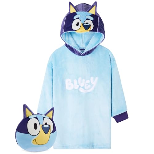 BlueY Mädchen Oversized Hoodie Decke, Fleece Pullover Kuscheldecke mit Kapuze - Geschenke für Kinder (Blue Cushion, 4-6 Jahre) von BlueY
