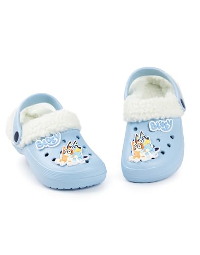 BlueY & Bingo Kinder Hellblaue, mit Fleece gefütterte Clogs | Mädchen- oder Jungen-Cartoon-Charakter-Schuhe | Lässige Slip-Ons für drinnen oder draußen | Geschenk für Unisex-Kinderschuhe von BlueY