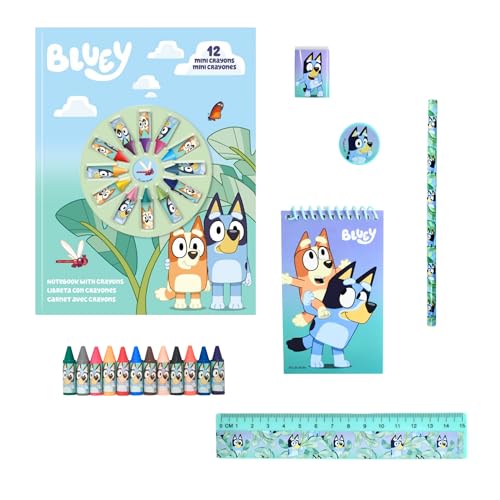 Bluey Schreibwarenset, inklusive Notizbuch, Bleistift, Lineal, Anspitzer, Radiergummi und 12 Buntstifte, Geschenk für Kinder von BlueY
