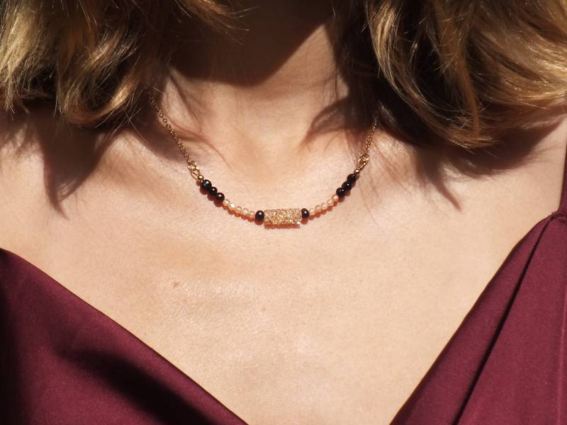 Schwarze Perlenkette, Zirkon, Swarovski Crystal Tube, Gold Filled Schmuck von BluebellebyPaula
