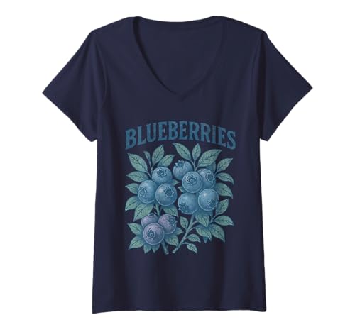 Damen Blaubeeren Botanical Vintage Farm Fresh Style T-Shirt mit V-Ausschnitt von Blueberry Fruit Lovers Nature Inspired Designs