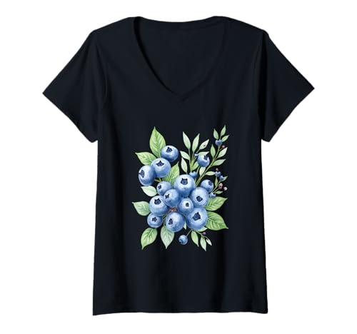 Damen Aquarell Heidelbeerfruchtmuster mit Blättern, Sommerdesign T-Shirt mit V-Ausschnitt Damen Aquarell Heidelbeerfruchtmuster mit Blättern, Sommerdesign T-Shirt mit V-Ausschnitt von Blueberry Print, Watercolor Fruit Pattern