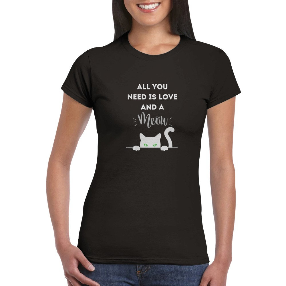 T-Shirt Katzen Katzenfreund All You Need Is Love & A Meow Katzenshirt Katzenliebhaber Miau Tailliert Rundhals Damen Graphik Bild Schrift von BlueberryQueenShop