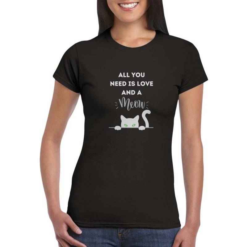T-Shirt Katzen Katzenfreund All You Need Is Love & A Meow Katzenshirt Katzenliebhaber Miau Tailliert Rundhals Damen Graphik Bild Schrift von BlueberryQueenShop