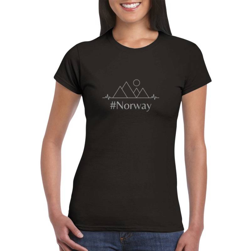 T-Shirt Damen Landschaft Hashtag Norwegen Berge Sonne Herzschlag Ekg Tailliert Rundhalsausschnitt Graphik Bild Norway von BlueberryRoads