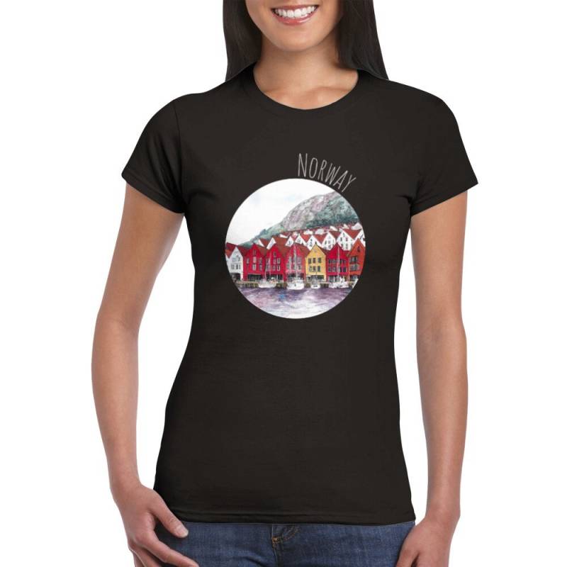 T-Shirt Norwegen Damen Bryggen Bergen Häuser Aquarell Ai Art Tailliert Mit Rundhalsausschnitt Graphik Bild Norwegenflagge Norway Schrift von BlueberryRoads
