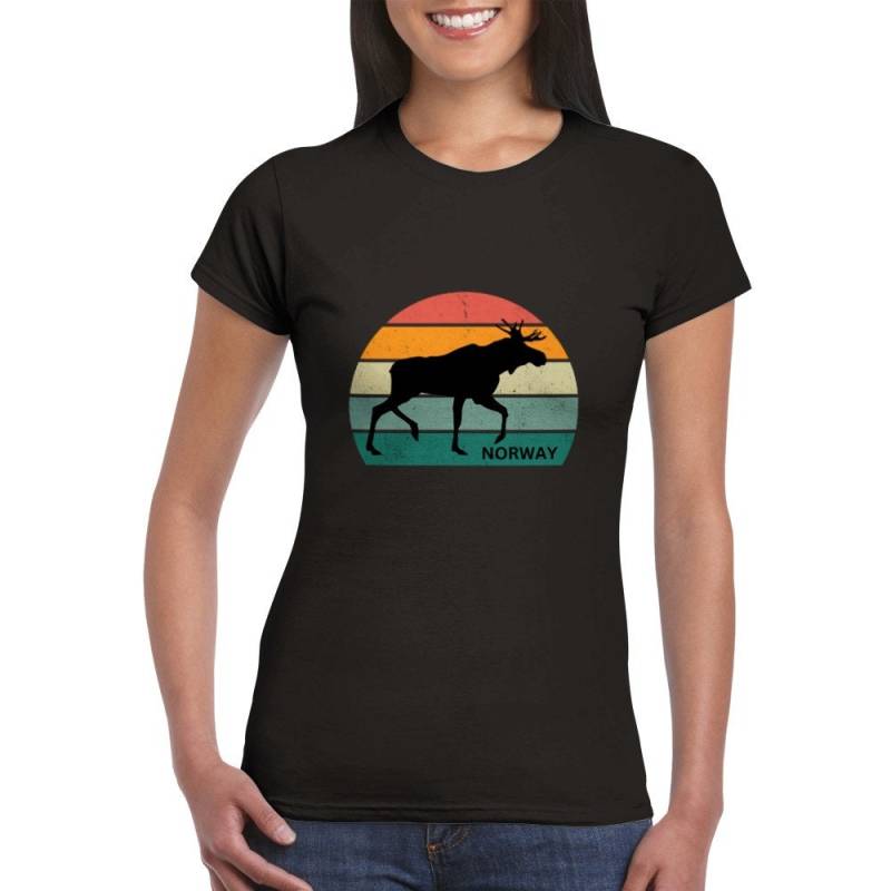 T-Shirt Norwegen Elch Silhouette in Halbkreis Tailliert Mit Rundhalsausschnitt Damen Graphik Bild Regenbogen Norway Schrift von BlueberryRoads