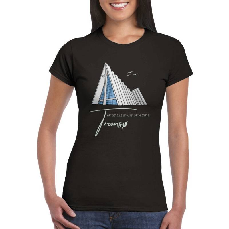 T-Shirt Norwegen Tromsø Eismeerkathedrale Tromsö Ishavskatedralen Kirche Tailliert Mit Rundhalsausschnitt Damen Graphik Bild Schrift von BlueberryRoads