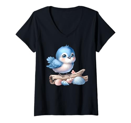 Damen Niedlicher Bluebird auf Treibholz mit Muschel-Anhänger T-Shirt mit V-Ausschnitt Damen Niedlicher Bluebird auf Treibholz mit Muschel-Anhänger T-Shirt mit V-Ausschnitt von Bluebird Meadow Apparel Home And More Company