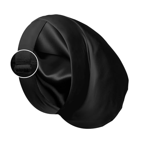 Satin-Haube, Seidenfutter, Schlafkappe, verstellbare Haarabdeckung für Damen und Herren, krauses Haar, Nachtmütze, Patientenpflege, B L A C K, Einheitsgröße von Blueelf